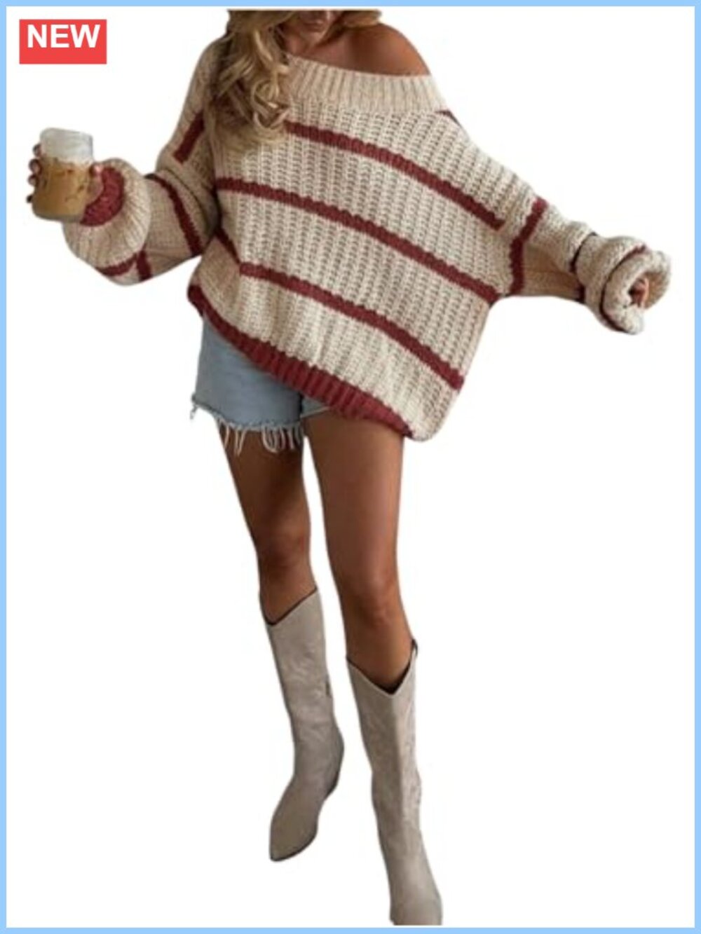 Off Shoulder Striped Sweater Loose Fit Drop Shoulder Knit Pullover